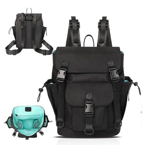 Small Diaper Bag Backpack with 9 Pockets 3 Buckles, Travel Baby Diaper Bag for Girls Boys, 2 Insulated Pockets, Stroller Straps