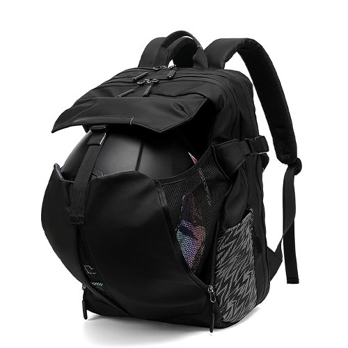 Motorcycle Backpack, 17'' Laptop Compartment, High-Density Nylon, Adjustable Helmet Holder, Reflective, Waterproof for Outdoor Enthusiasts